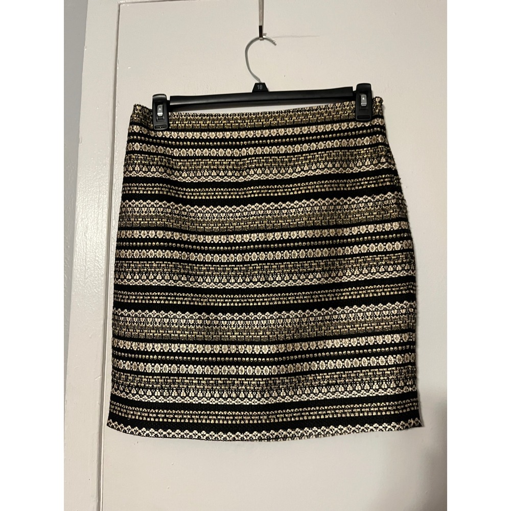 J.McLaughlin Metallic Gold Black Striped Jacquard Mini Skirt Size 8 Holiday